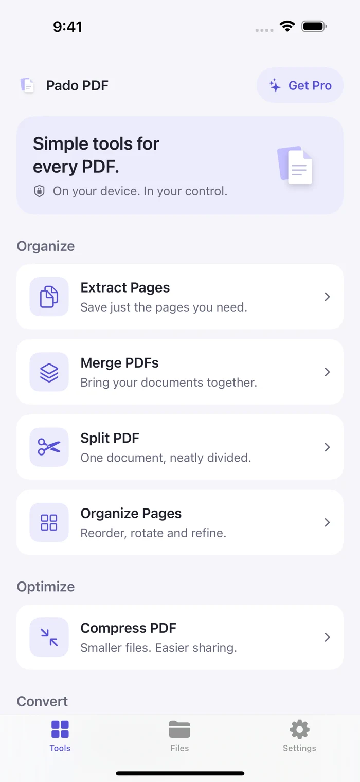 Pado PDF tools screen with extract, merge, split, organize, and compress tools