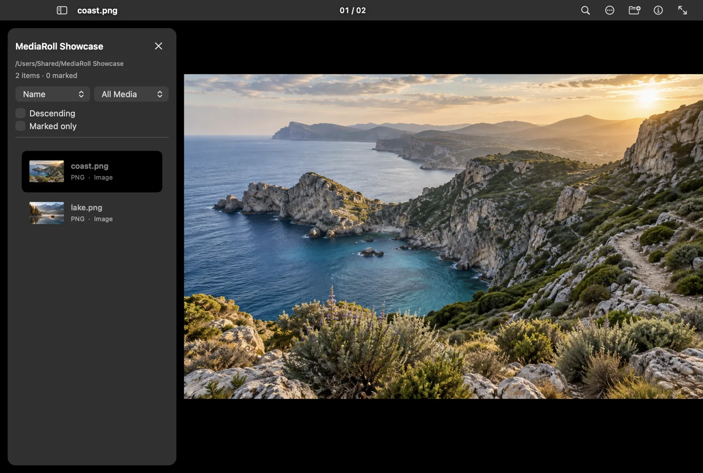 MediaRoll’s actual folder browser with thumbnails beside a coastal photograph