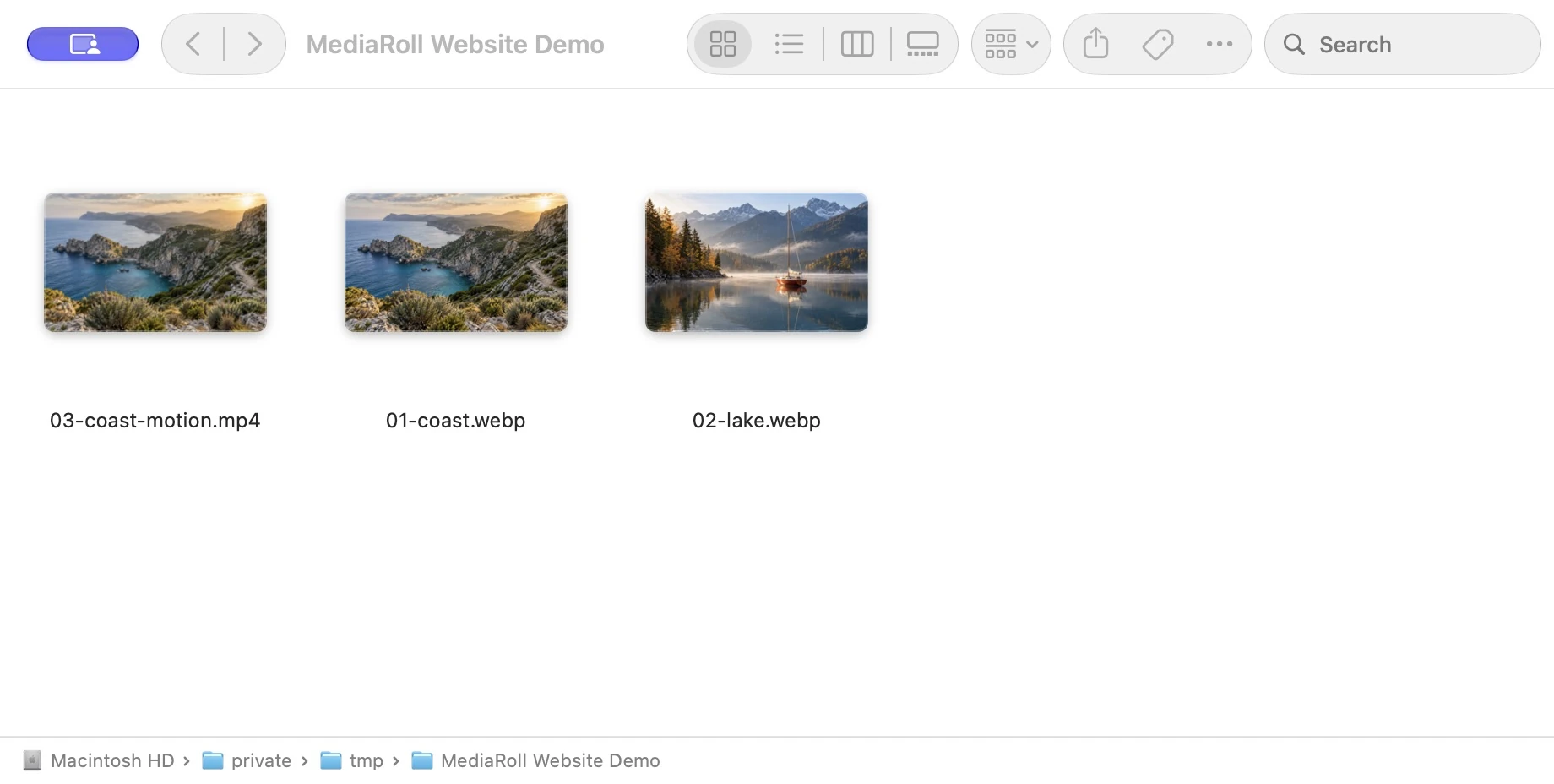 Actual Finder window with two photos and a video in the MediaRoll Website Demo folder