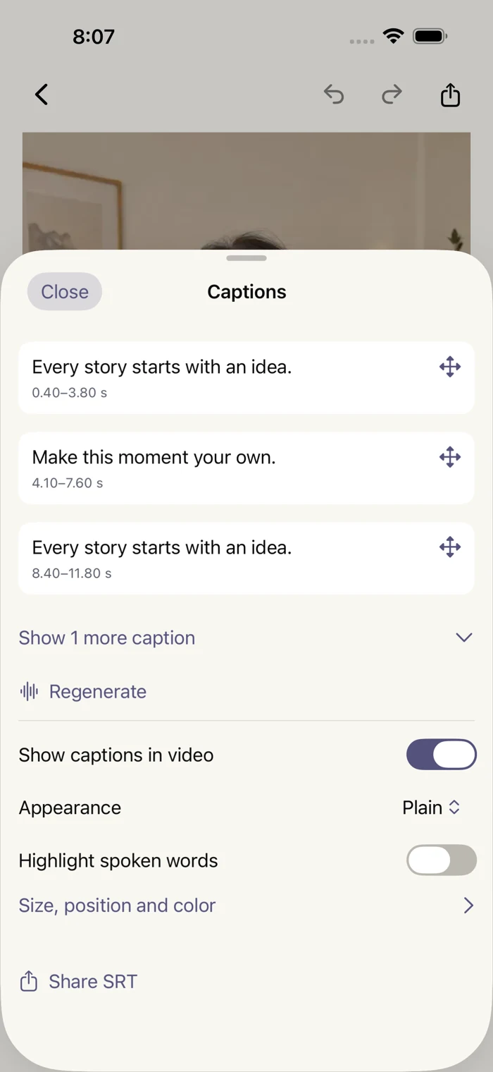 Cadreur caption editor with text, timing, and caption generation