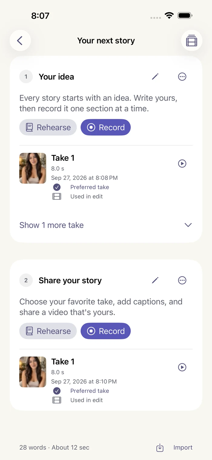 Cadreur app showing a script organized into sections and takes