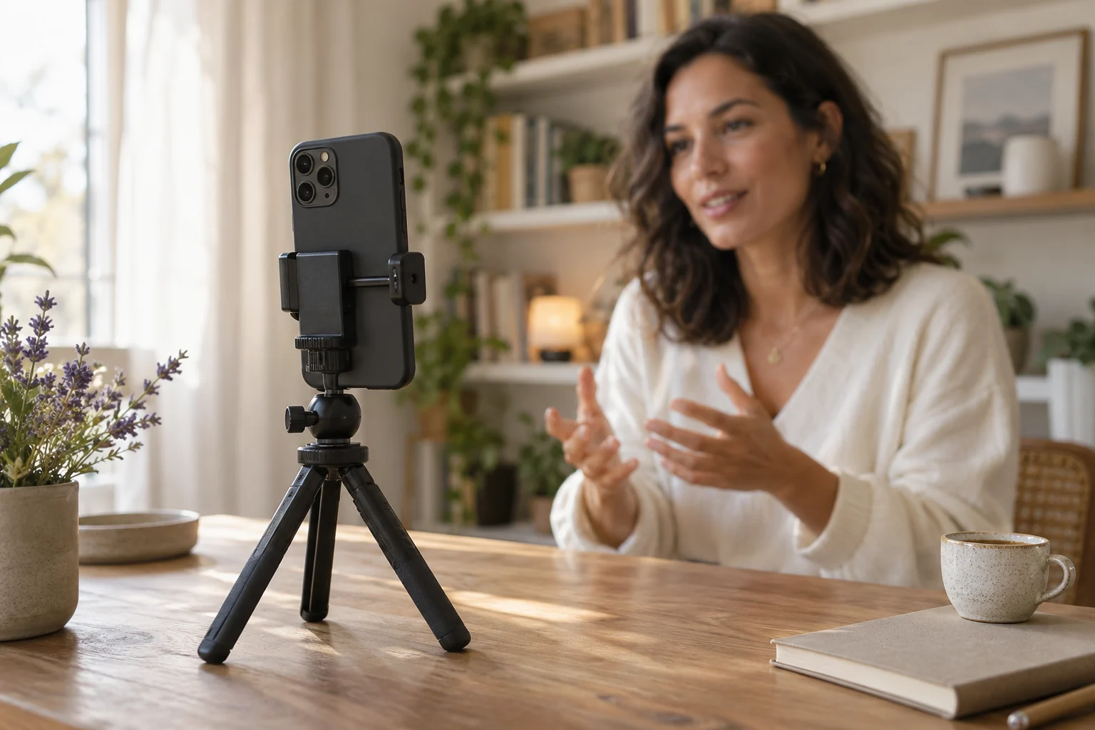 A phone on a small tripod recording a creator in a warm, relaxed studio